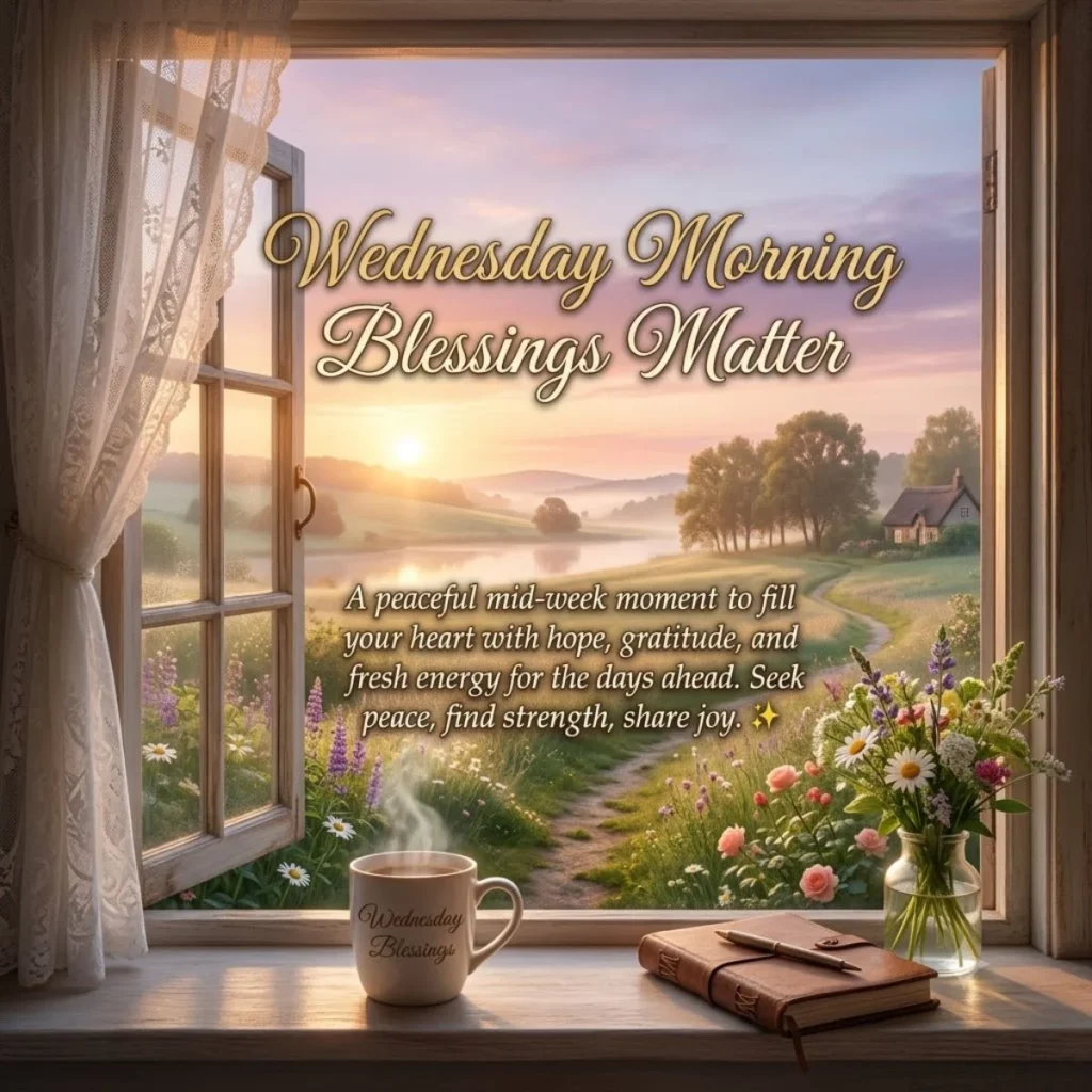 : Misty mountain sunrise over a lake viewed through an open window with a "Wednesday Blessings" coffee cup.