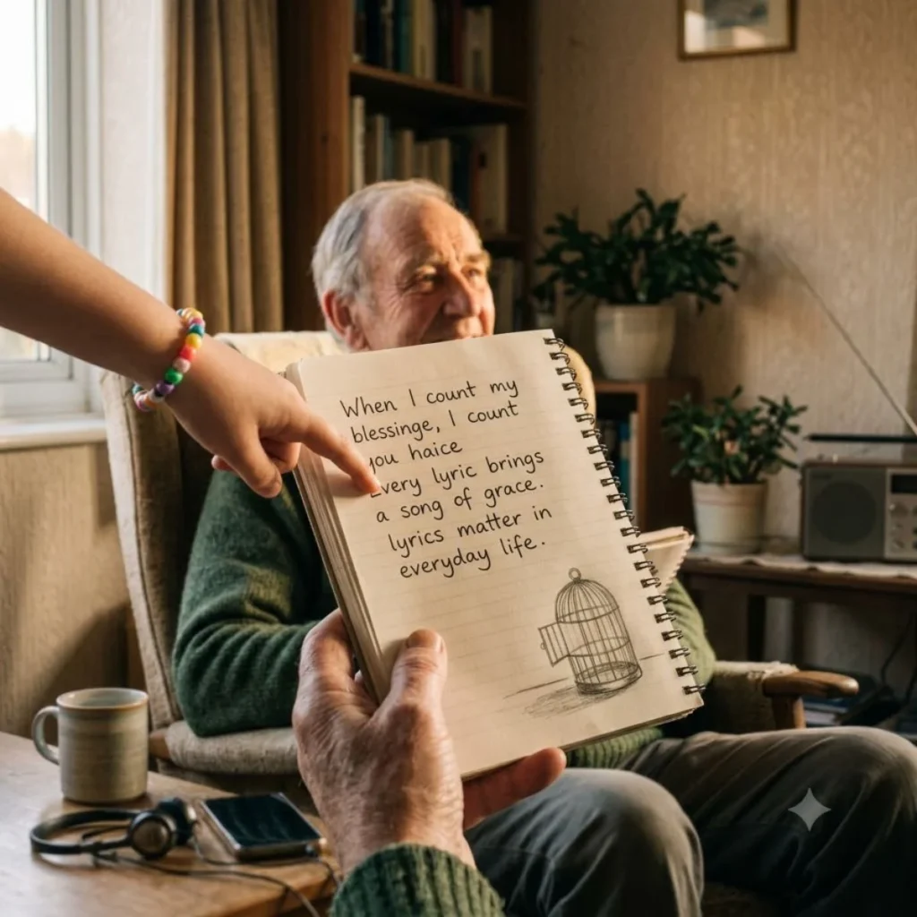 An elderly man smiles while sitting in an armchair and writing down inspirational lyrics in a notebook.