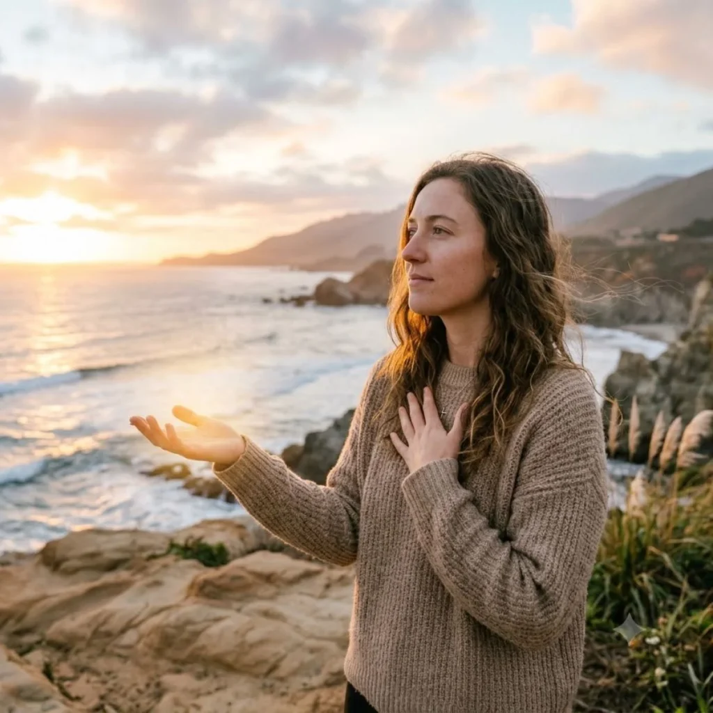 A woman stands on an ocean cliff at sunset with one hand on her heart and her other hand open to the light.