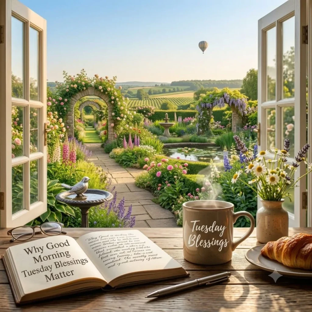 An open book and Tuesday Blessings mug sit on a desk looking out at a garden path under a hot air balloon.