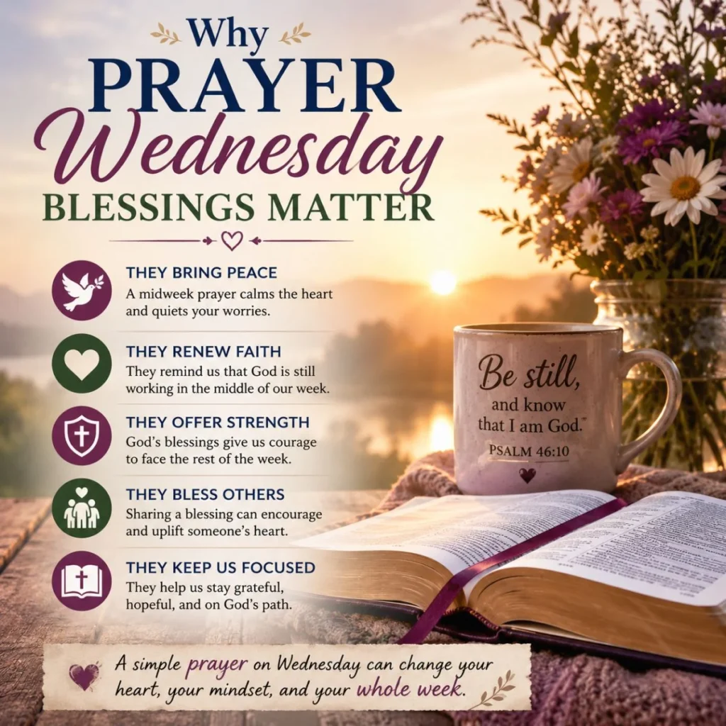 Why Prayer Wednesday blessings matter with sunrise, open Bible, flowers, and inspiring Christian faith message