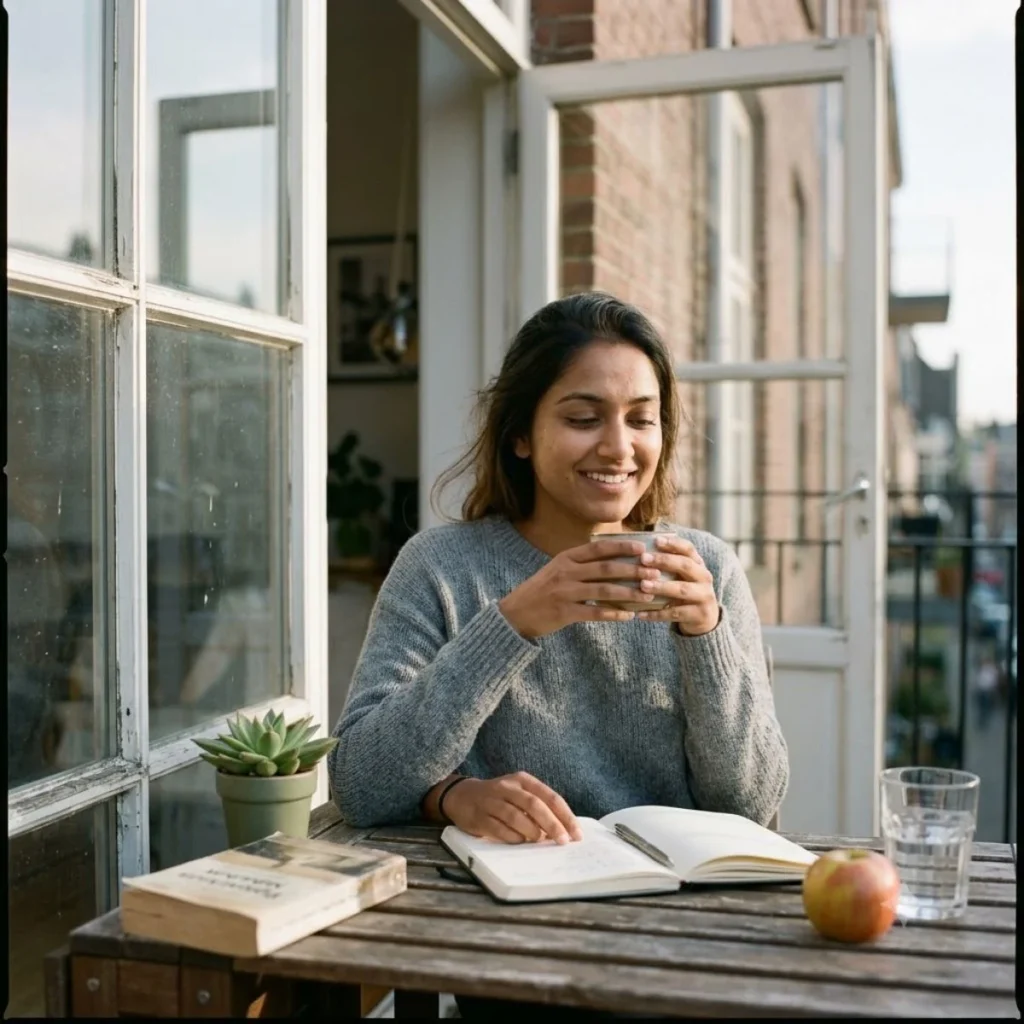 A woman holding a ceramic cup while looking at an open journal on a sunny balcony table.