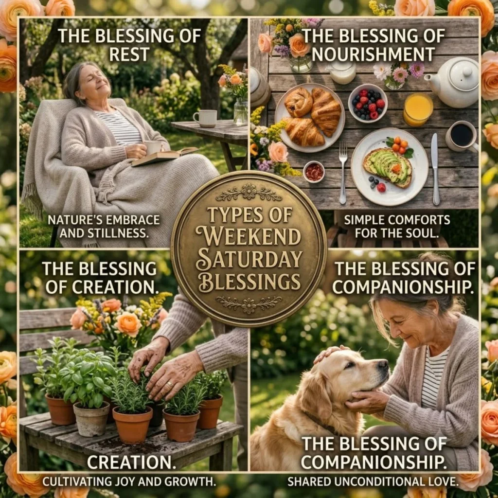 Four-panel collage showing a woman resting, a breakfast spread, gardening, and petting a dog on Saturday.