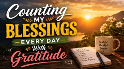 Counting my blessings every day with gratitude sunrise scene with journal, coffee mug, and peaceful mountains
