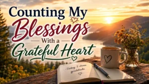 Counting my blessings with a grateful heart at sunrise, with peaceful lake, flowers, journal, and warm morning light
