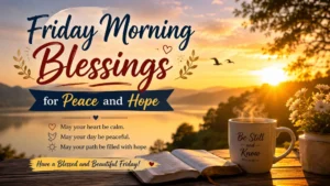 Friday morning blessings image with sunrise, Bible, coffee mug, flowers, peace and hope message