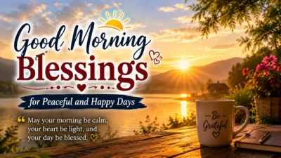 Good morning blessings image with sunrise, lake, coffee mug, and peaceful happy day message