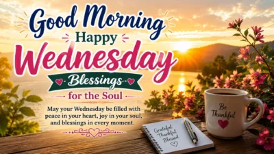 Good morning happy Wednesday blessings with sunrise, lake, flowers, coffee cup, and peaceful soul message