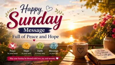 Happy Sunday message with peaceful sunrise, coffee cup, flowers, and hopeful blessings by a calm lake