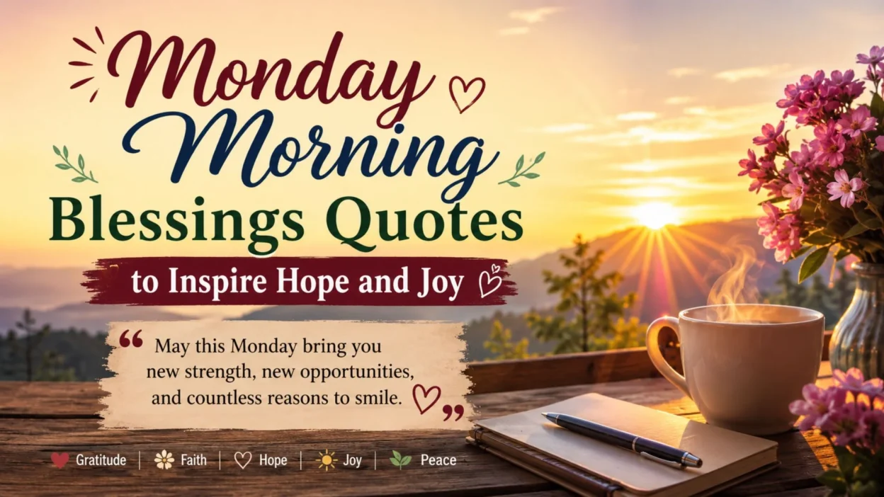 Monday morning blessings quotes with sunrise, coffee, flowers, hope and joy message