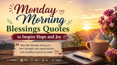 Monday morning blessings quotes with sunrise, coffee, flowers, hope and joy message