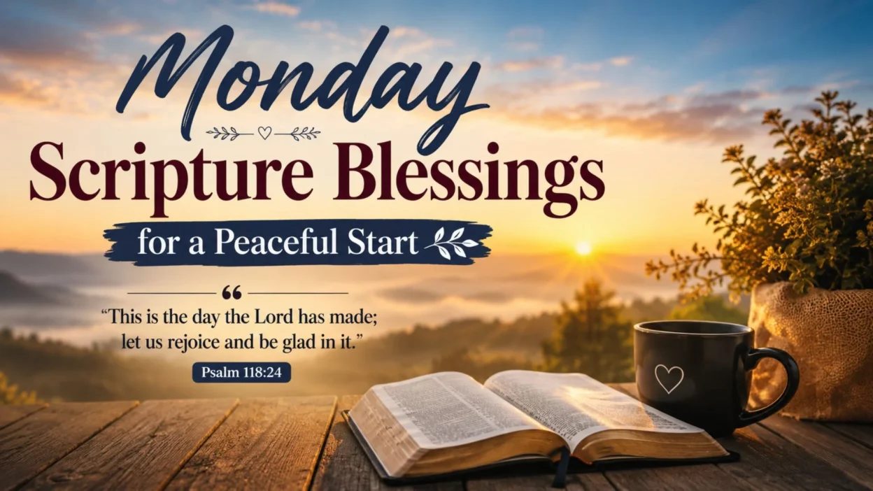 Monday scripture blessings with sunrise, open Bible, coffee mug, and Psalm 118:24 for a peaceful start