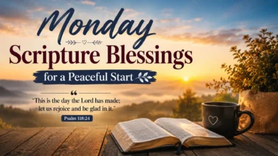 Monday scripture blessings with sunrise, open Bible, coffee mug, and Psalm 118:24 for a peaceful start