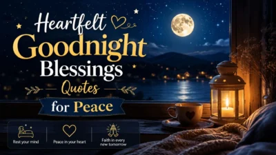 Goodnight blessings quotes with moon, lantern, cozy bed, and peaceful starry night view