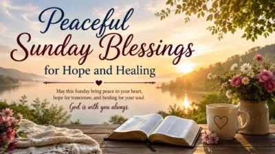 Peaceful Sunday blessings image with sunrise, Bible, flowers, and calm lake for hope and healing