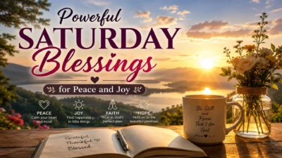 Powerful Saturday blessings image with peaceful sunrise, calm sky, and joyful spiritual weekend message