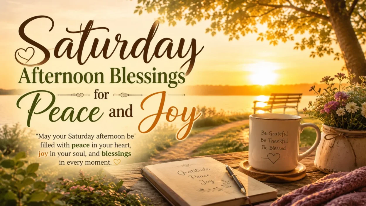 Saturday afternoon blessings with peaceful lake sunset, coffee, flowers, and joy-filled message