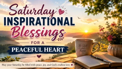Saturday inspirational blessings with peaceful sunrise, lake view, flowers, journal, and morning coffee