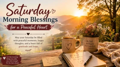 Saturday morning blessings with sunrise, coffee, flowers, and peaceful heart message