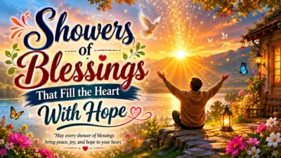 Inspirational showers of blessings image with sunrise, peaceful lake, and hopeful spiritual message