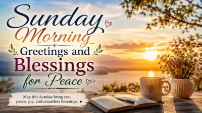 Sunday morning greetings and blessings for peace with sunrise, lake, coffee mug, journal, and flowers