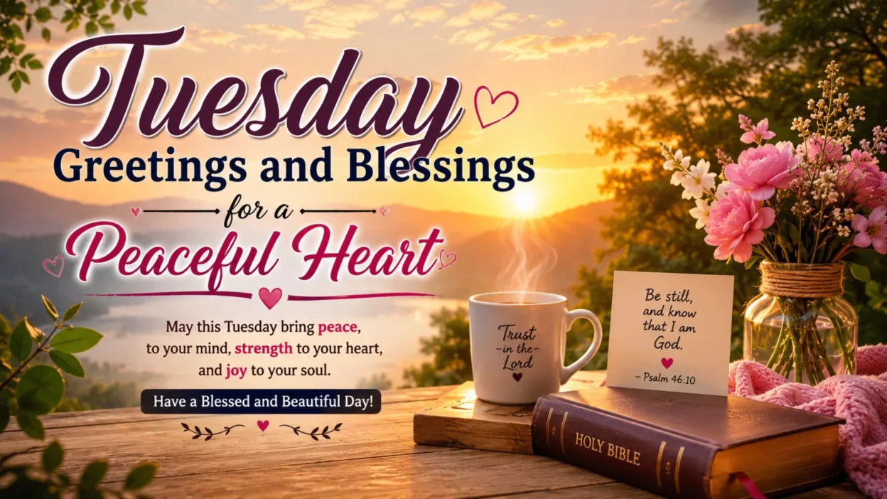 Tuesday greetings and blessings with sunrise, flowers, Bible, coffee, and peaceful heart message