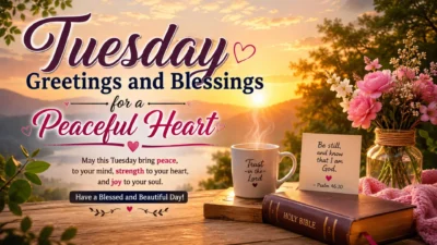 Tuesday greetings and blessings with sunrise, flowers, Bible, coffee, and peaceful heart message