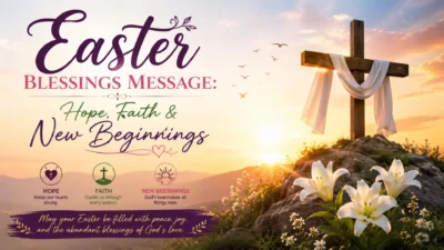 Easter blessings message with cross, white lilies, sunrise, hope, faith, and new beginnings