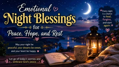 Emotional night blessings image with moon, lantern, lake, and peaceful bedtime message