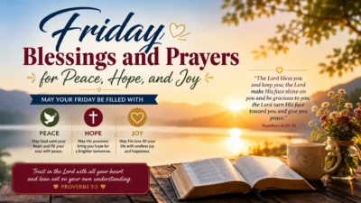 : Friday blessings and prayers image with sunrise, open Bible, lake view, flowers, and peaceful faith message