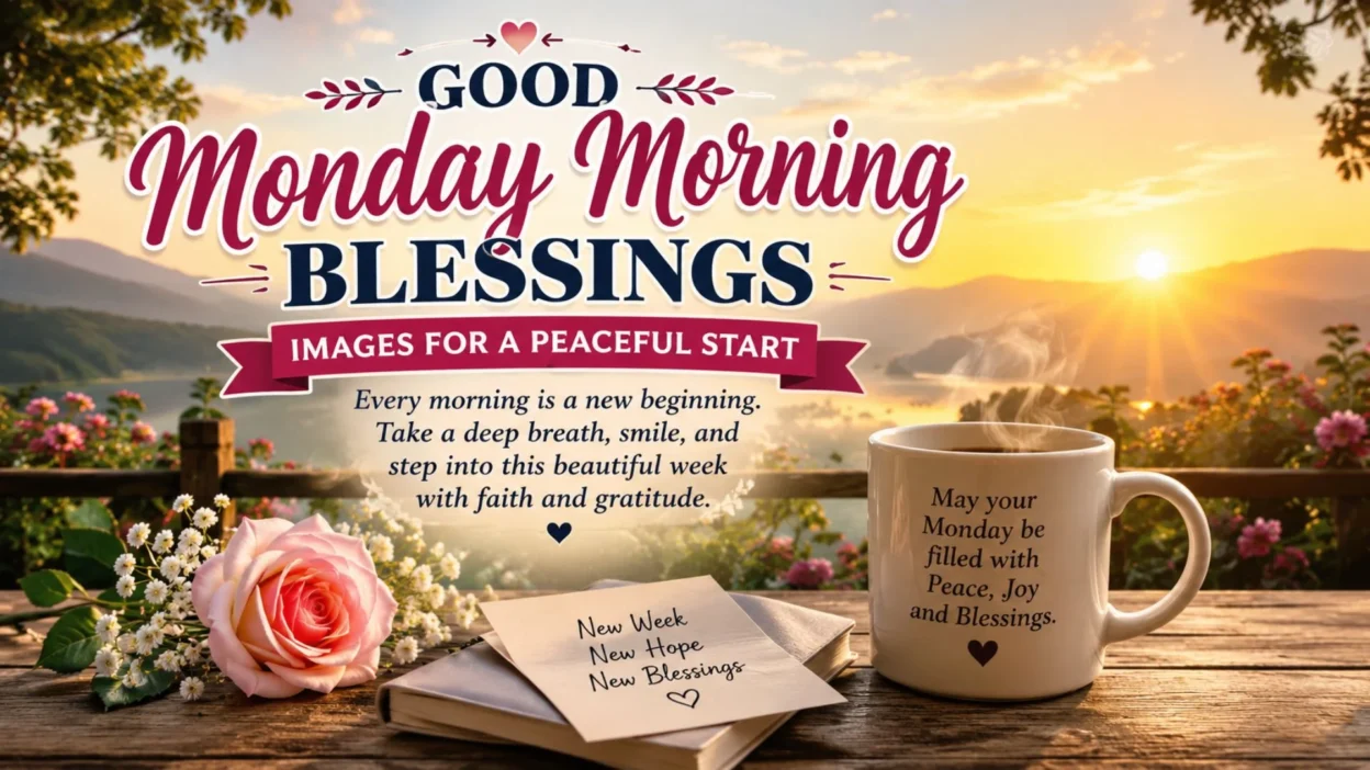 Good Monday morning blessings image with sunrise, coffee mug, flowers, and peaceful inspirational message