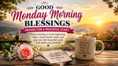 Good Monday morning blessings image with sunrise, coffee mug, flowers, and peaceful inspirational message
