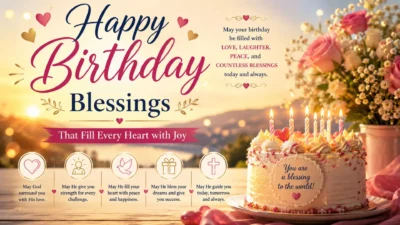 Happy birthday blessings image with cake, flowers, candles, hearts, and golden sunrise background