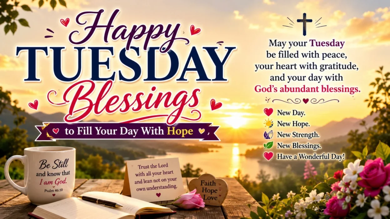 Happy Tuesday blessings sunrise image with peaceful lake, flowers, faith, hope, and inspiring morning message