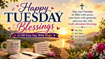 Happy Tuesday blessings sunrise image with peaceful lake, flowers, faith, hope, and inspiring morning message
