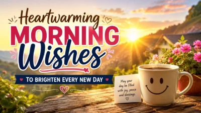 Heartwarming morning wishes banner with sunrise, coffee cup, flowers, and uplifting blessings for a joyful day