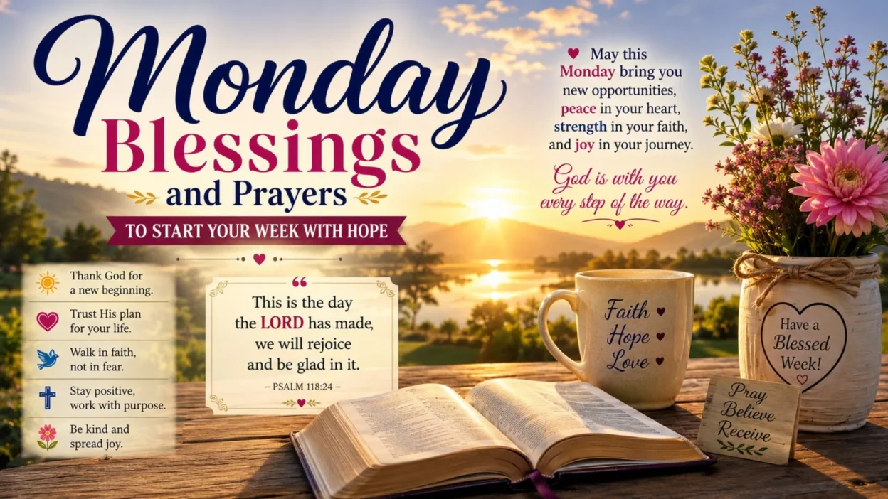Monday blessings and prayers sunrise scene with Bible, flowers, faith mug, and peaceful lake view