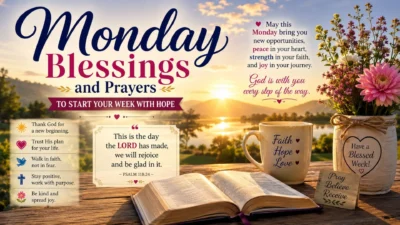 Monday blessings and prayers sunrise scene with Bible, flowers, faith mug, and peaceful lake view