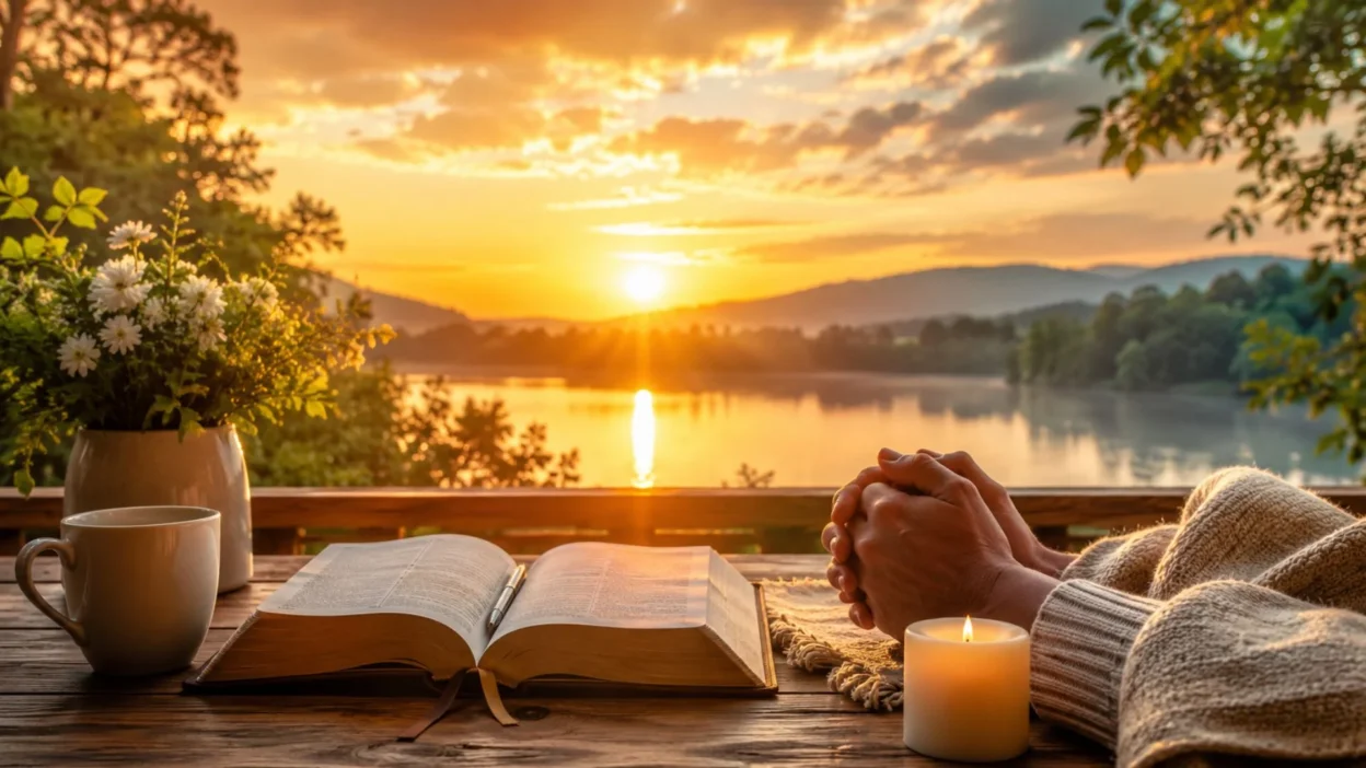 Monday morning prayer with open Bible, candle, flowers, and peaceful sunrise over a lake