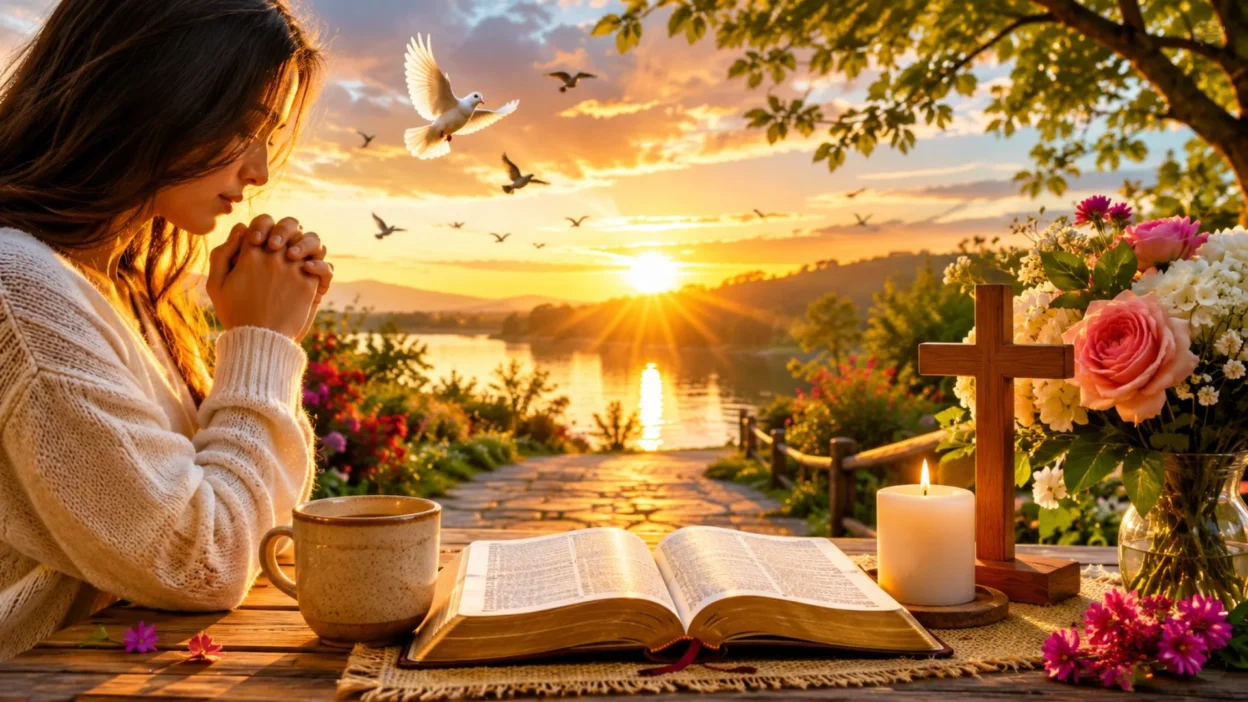 Woman praying at sunrise with Bible, candle, and flowers for Tuesday prayer blessings