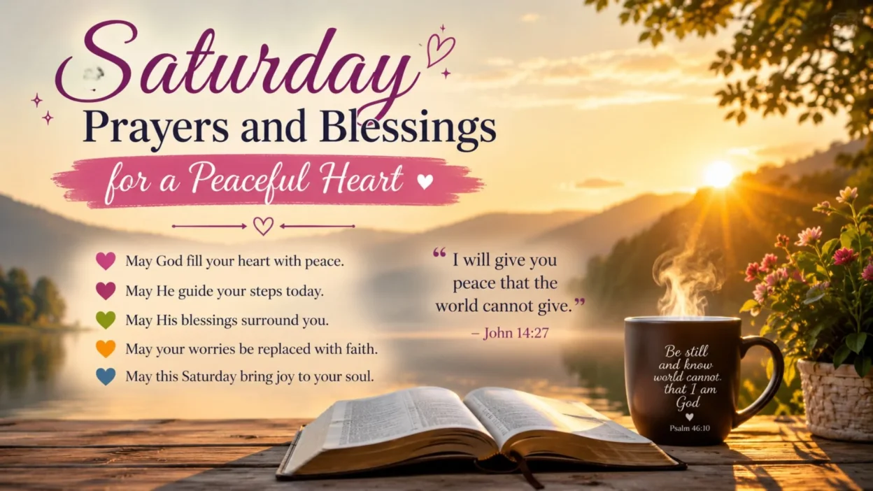 Saturday prayers and blessings sunrise scene with Bible, coffee mug, peaceful lake, and inspirational faith message
