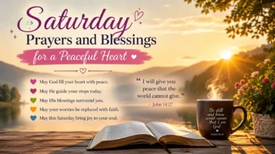 Saturday prayers and blessings sunrise scene with Bible, coffee mug, peaceful lake, and inspirational faith message