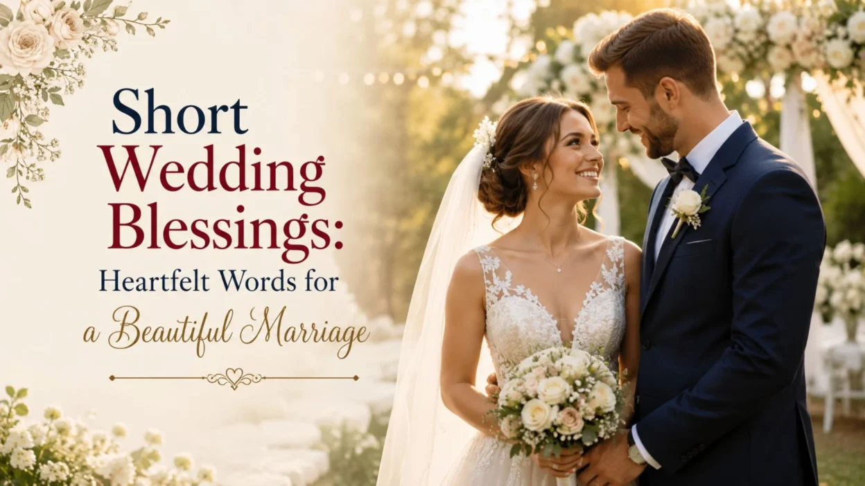 Short wedding blessings image featuring a happy bride and groom in a romantic outdoor wedding setting
