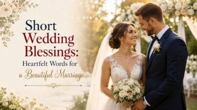 Short wedding blessings image featuring a happy bride and groom in a romantic outdoor wedding setting