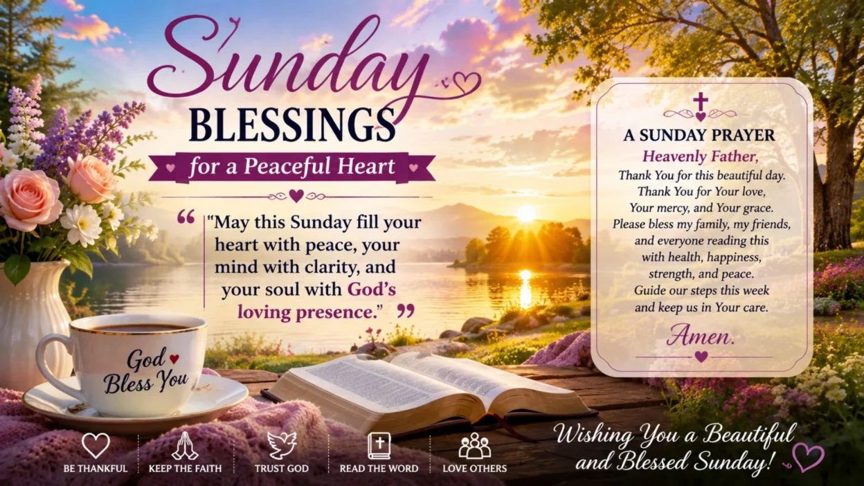 Sunday blessings image with prayers, sunrise lake view, Bible, flowers, and peaceful faith-filled encouragement