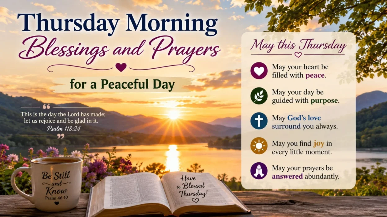 Thursday morning blessings and prayers with sunrise, Bible, coffee, and peaceful lake view