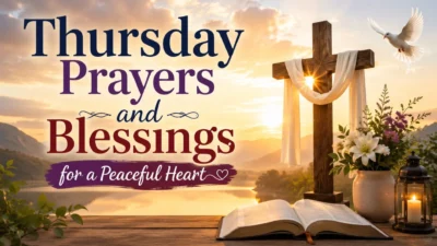 Thursday prayers and blessings image with cross, Bible, sunrise, dove, and peaceful spiritual landscape