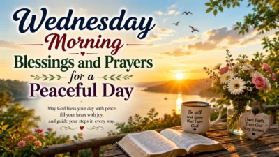 Wednesday morning blessings and prayers with sunrise, Bible, flowers, and peaceful lake view