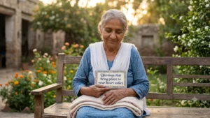 An elderly woman sitting in a garden holding a sign that reads blessings that bring peace to your heart today.