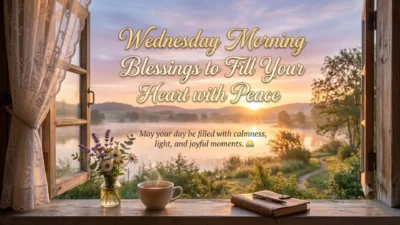 : Misty mountain sunrise seen from a window with coffee, flowers, and a notebook for a peaceful Wednesday morning.
